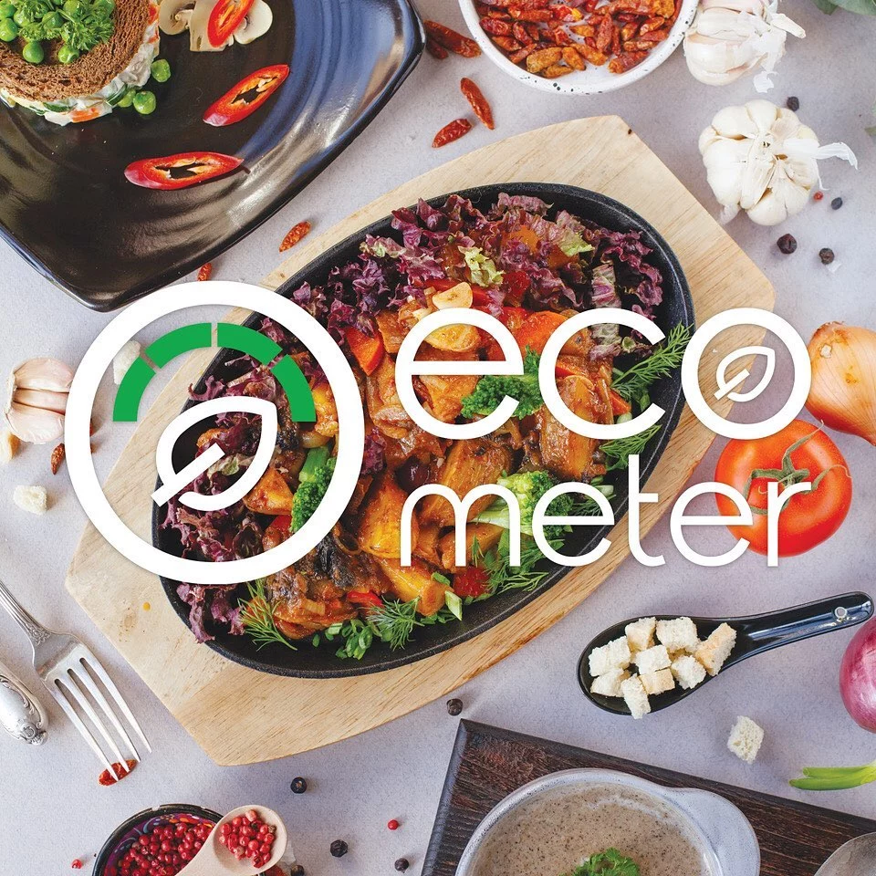 EcoMeter rating for eco-friendly restaurants logo with food